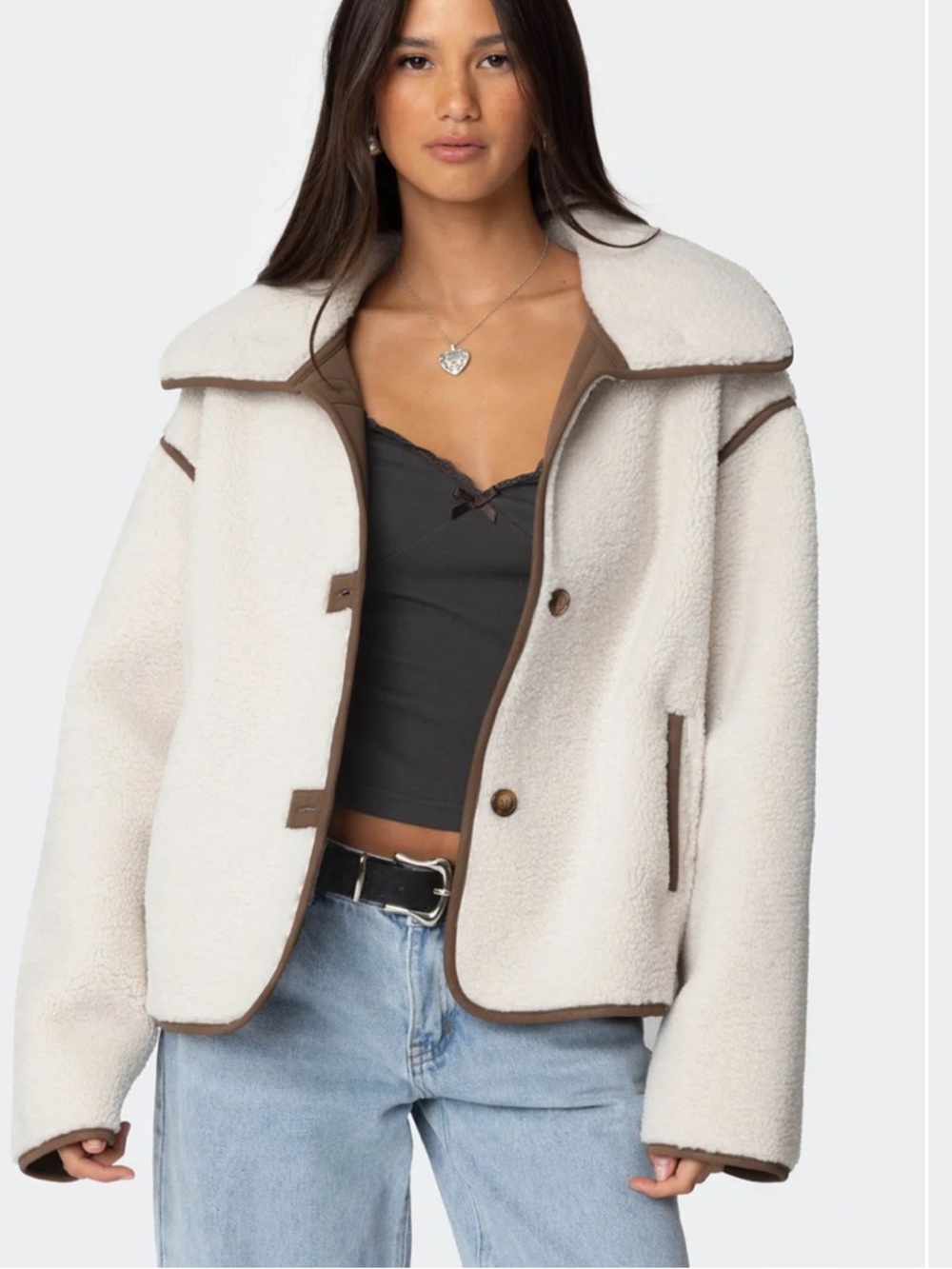 Edikted Cream Teddy Jacket with Brown Trim